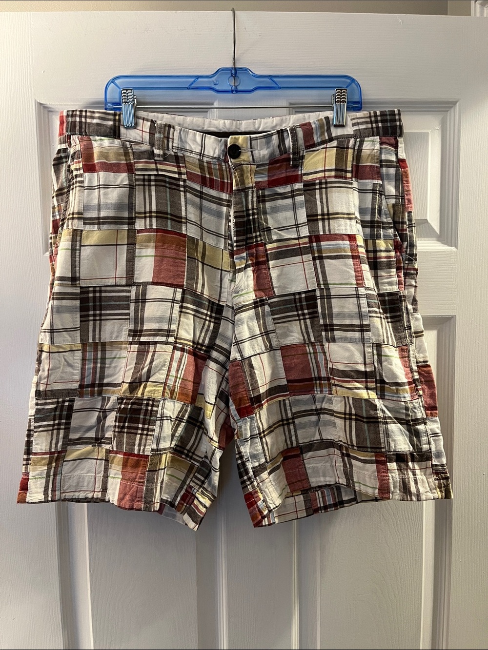 Roundtree & Yorke Plaid Shorts in White, Brown, Red, Yellow